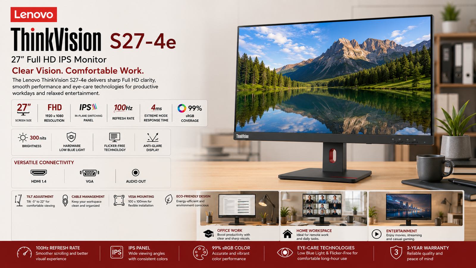 Lenovo ThinkVision S27-4e, 27-Inch Full HD IPS Monitor, 1920x1080 Resolution, 100Hz Refresh Rate, 4ms GtG, 99% sRGB, 300 Nits, HDMI 1.4, VGA, Hardware Low Blue Light, Raven Black, 3-Year Warranty | 64BEKAT1UK